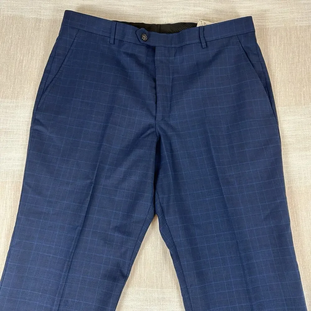 NWT Men's Stafford Blue Glen Plaid Dress Pants‎ Sz 36x32 Flat Front Stretch